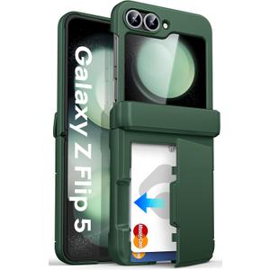 ASAFCASE for Samsung Galaxy Z Flip 5 Wallet Case with Card Holder (3 Cards) & Hinge Protection & Outer Screen Protector, Shockproof Rugged Cover Phone Case for Samsung Galaxy Z Flip 5 5G 2023, Green