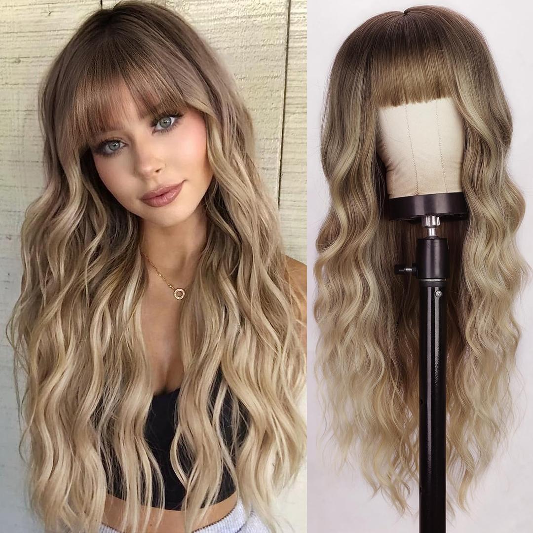 Lativ Blonde Wig With Bangs Long Wavy Curly Ombre Wig with Dark Root Synthetic Heat Resistant Wigs for Women Daily Party Use 26 Inches (Dark Blonde)