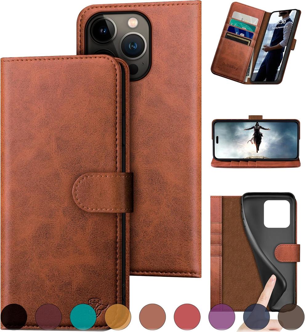 DuckSky compatible with iPhone 16 Pro Max Genuine Leather Wallet caseRFID Blocking4 Credit Card HolderReal LeatherFlip Folio Book Phone case Cover Women Men for Apple 16 ProMax case Light Brown
