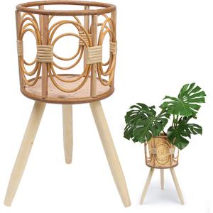 Rattan Plant Stand, Wicker Plants Baskets Indoor, Small, Cute Handmade Woven Wooden Planter with Legs, Boho Style Hollow Flowers Display Rack Straw Standing Floor Stool Shelf for Pot Holder Outdoor Decorations