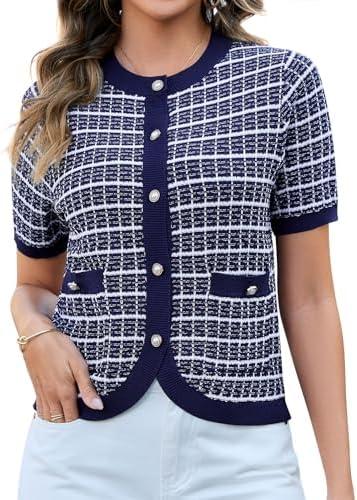 Jiflora Women's Summer Short Sleeve Cardigans Cropped Tweed Blazers Button Up Knitted Sweater Jacket for Dress with Pockets, Large, Blue 