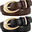 TRIWORKS 2 Pack Women Leather Belt for Jeans Pants Fashion Ladies Skinny Faux Leather Belt with Gold Buckle (Length:39.4''-Fit Waist Size 26"-31", Black+coffee)