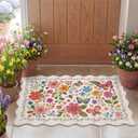 Tinideya Spring Floral Scalloped Doormat Colorful Flower Butterfly Welcome Door Mat 27.6 x 15.7 Inch Artificial Coir Non Slip Cute Entrance Rugs for Indoor Outdoor Front Kitchen Bathroom Decor