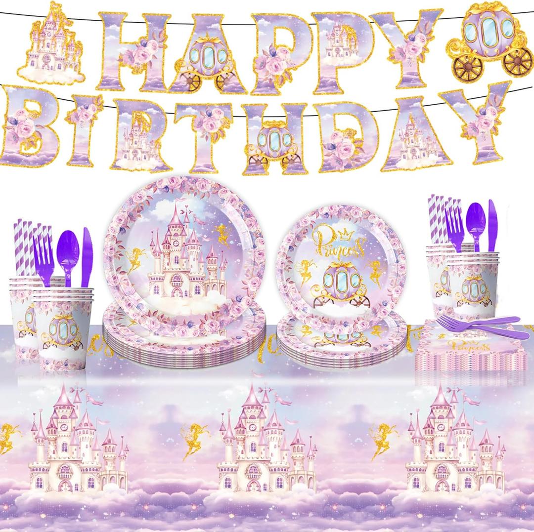 Princess Birthday Party Supplies, Birthday Party Decorations Includes Banner, Plates, Tablecloth, Napkins, Cups, Disposable Forks, for Girls Princess's Themed Baby Shower Decorations