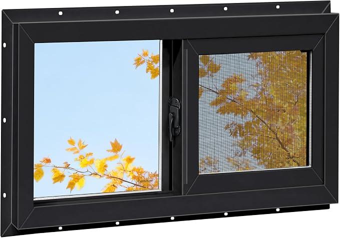 Vinyl Basement Window, Bathroom Sliding Window 36" x 24" Black
Double Pane Insulated Tempered Glass and Fiberglass Screen for Basement, Bathroom, Shed