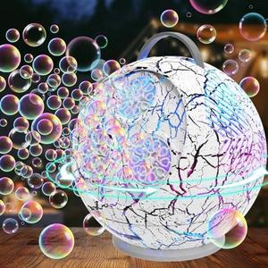 Bubble Machine for Kids Toddlers,45°/360° Automatic Rotation Spherical Bubble Maker Toy with RGB Light,Rechargeable Type-C Charge Bubble Blower,Outdoor Wedding Party Birthday Gifts (White Crack)