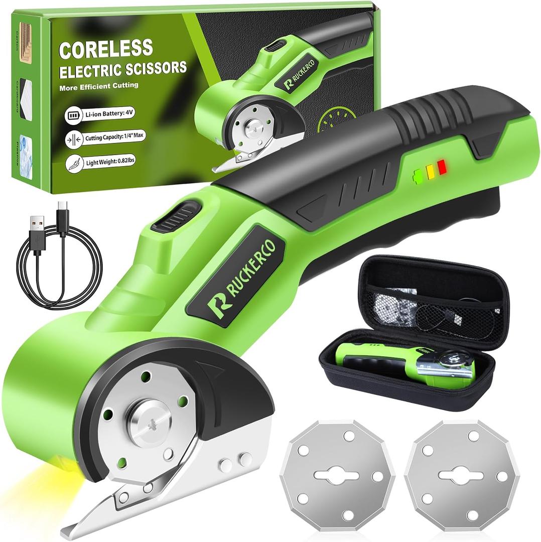 Cordless Electric Scissors Box Cutter 2 Rotary Blades  4V Duty Rechargeable Cardboard Cutter, Storage Box & Fabric Scissor With Safety Lock, USB Cable  For Plastic, Carpet, Leather, DIY Crafts