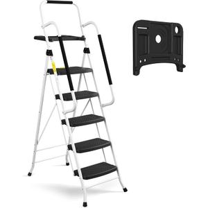 HBTower 5 Step Ladder with Handrails, Folding Step Stool Portable Steel Ladder for Adults for Home Kitchen Library Office, White
