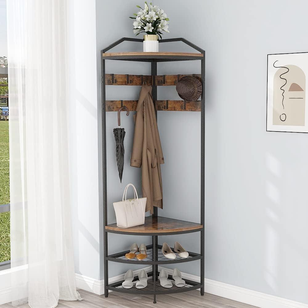 GiftGo Corner Hall Tree with Shoe Bench Entryway Coat Rack with 10 Metal Movable Hooks Floor Standing Clothes Rack Shoes Shelf Organizer for Home Office Bedroom (Rustic Brown), 71.3 Inches X 19.7 Inches X 19.7 Inches