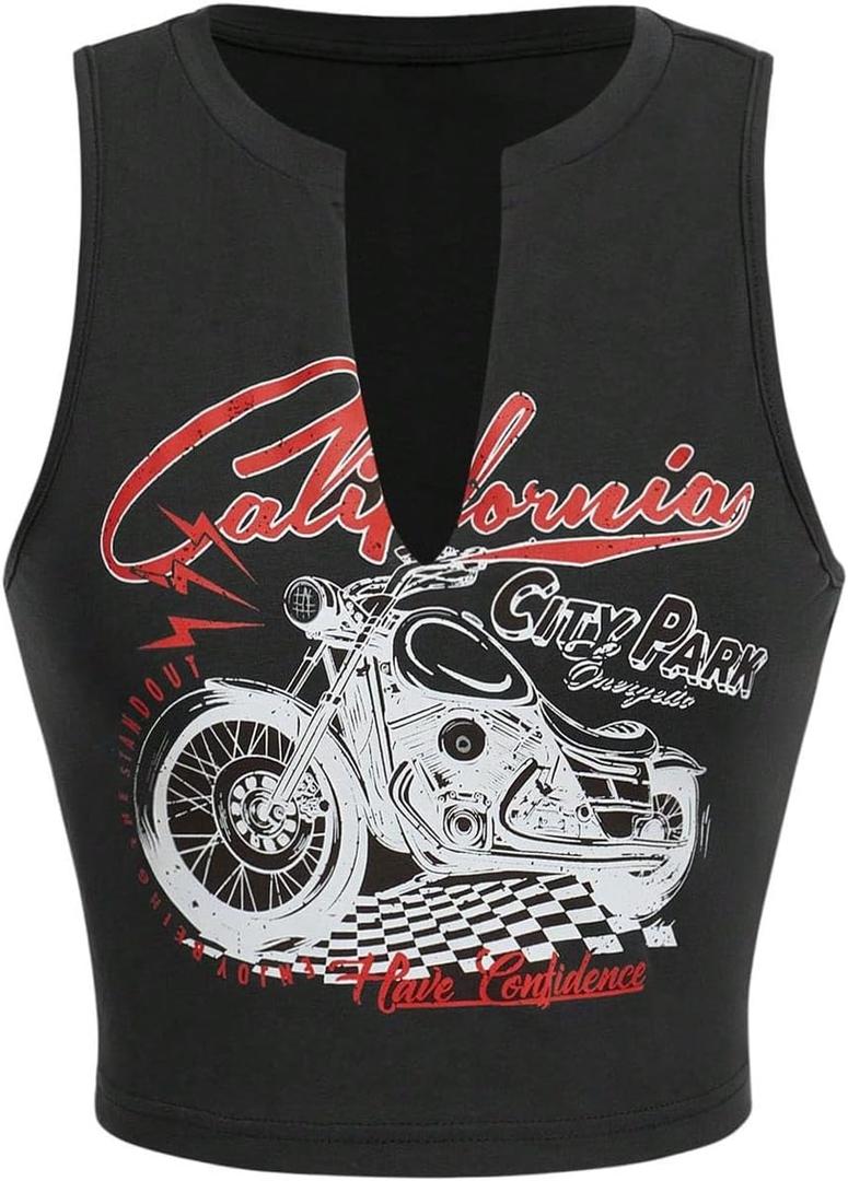 SOLY HUX Women's Letter Graphic Tank Top Notched V Neck Sleeveless Summer Crop Tops Streetwear (Dark Grey Motorcycle)