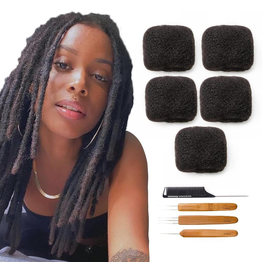 Tight Afro Kinky Bulk 100% Human Hair - Natural Black, 8 Inch Length, 5 Bundle Set with Crochet Needle and Rat Tail Comb - Ideal for Dredlock Extensions, Loc Repair, Twists, and Braids