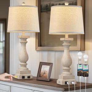 28" Tall Farmhouse Table Lamps Set of 2 with USB C+A Ports and AC Outlet, 3 Way Touch Control Rustic Bedside Lamp for Bedroom, Beige Vintage Nightstand Lamp for Living Room Office
