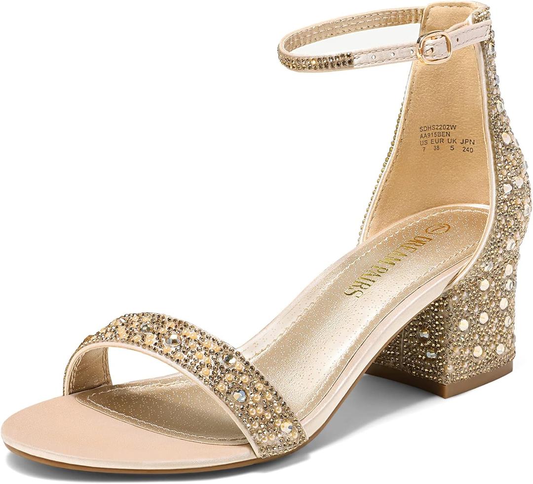 DREAM PAIRS Women's Low-Chunk Low Heel Pump Sandal (7, Gold/Rhinestone)