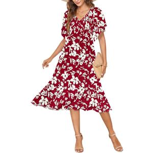 AUSELILY Women's Summer Empire Waist Dress Smocked Flutter Short Sleeve V Neck Midi Dresses 2026 New (S)