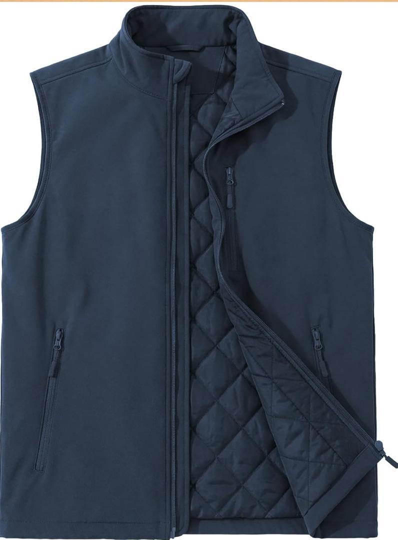 ASPO Men's Windproof Warm Golf Vest Outerwear with 6 Pockets Waterproof Winter Softshell Sleeveless Puffer Jacket for Hiking(L)