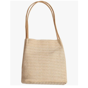 Lightweight Knitted Straw Bag Bucket Handbag for Women for Beach and Outdoor Picnics Light Beige