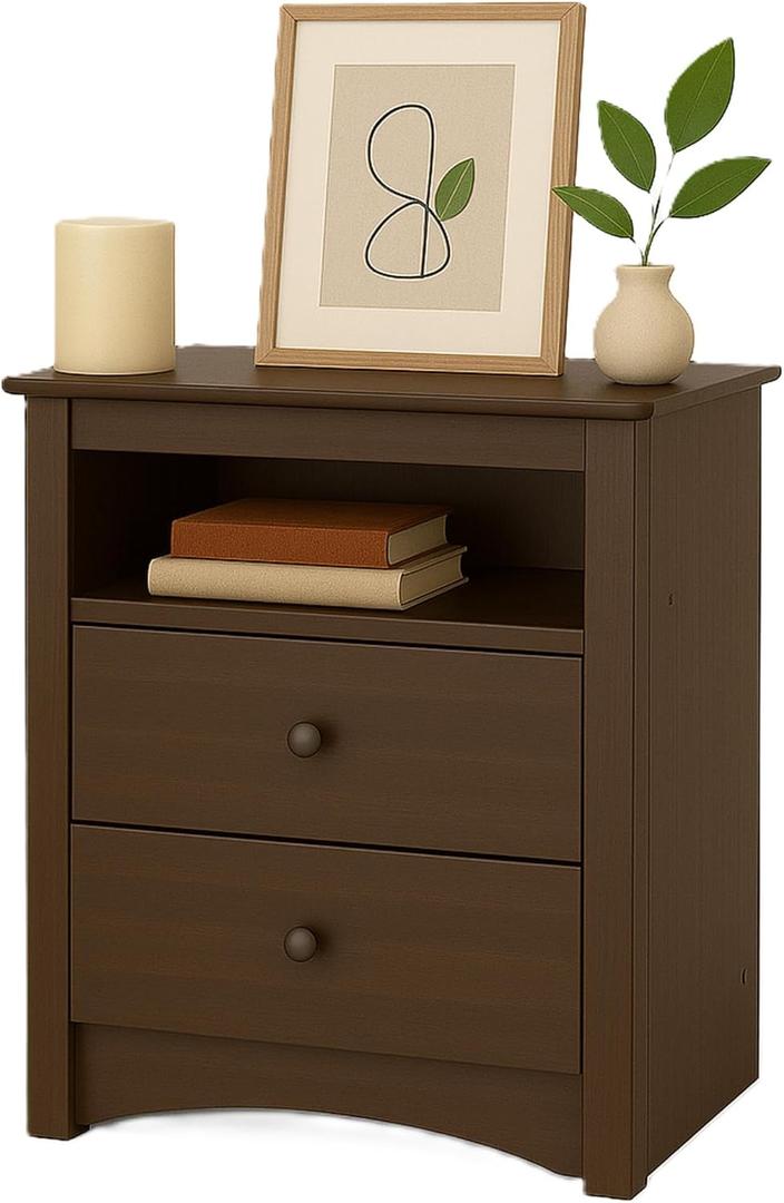 Prepac Sonoma 2 Drawer Nightstand: Elegant Bedroom Furniture, Bedside Table with Open Shelf, 23.25"W x 16"D x 28"H, Espresso