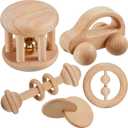 Zhanmai 5 Pieces Wooden Baby Toys Montessori Toys for Babies 0-6-12 Months Toy Rattles with Bells Baby Push Car Wooden Newborn Toy for Toddlers 1-3 Years Old Infant Boys and Girls Gifts