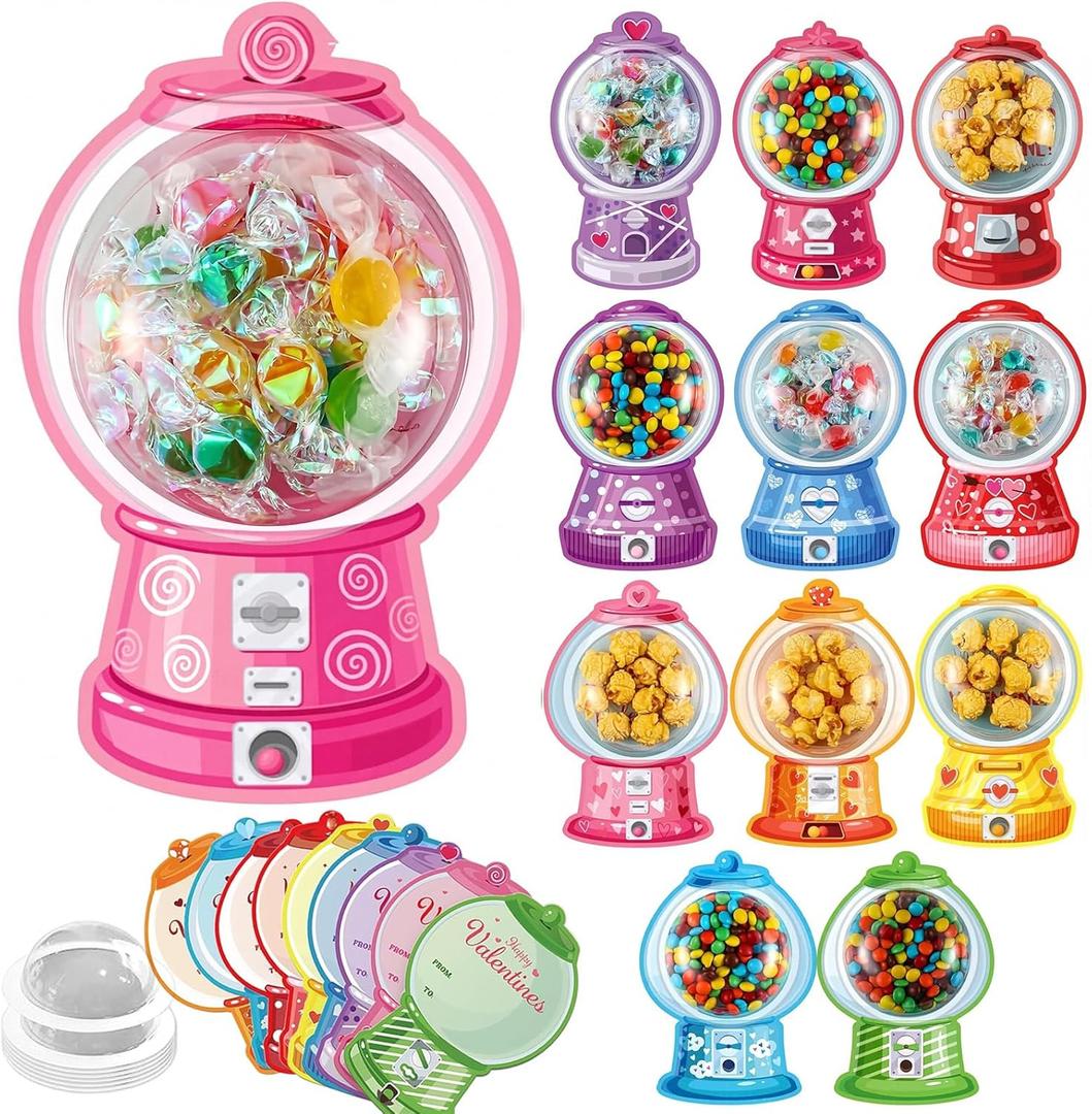 Valentine's Candy Cards Gift Set with Plastic Domes - DIY Craft Treat Holder, Bubble Gum Machine Theme Valentines Day Candy Dispenser Cards for Classroom Exchange, School Party Favors (36/18 Pcs) (18)