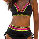 popvil High Waisted Bikini Sets for Women Tummy Control Swimsuit Neon Two Piece Bathing Suit (Large, Black2)