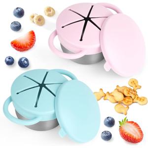 Daximo 2 Pack Snack Cups for Toddlers Spill Proof - Detachable Stainless Steel Toddler Snack Cups with Silicone Lids & Handles - Dishwasher Safe Baby Snack Containers (Light blue and Light pink)