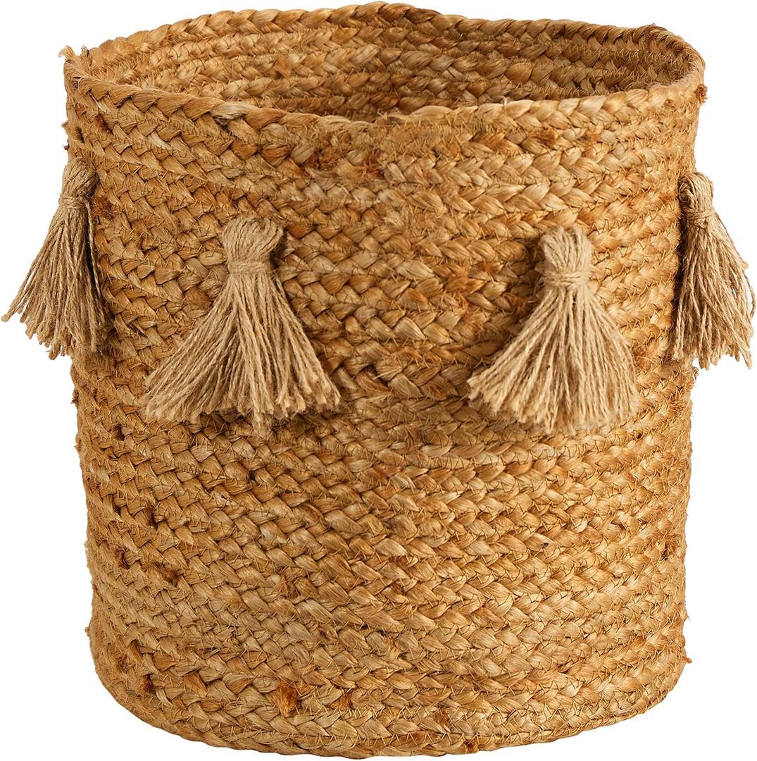 Nearly Natural 12.5in. Boho Chic Natural Hand-Woven Jute Basket Planter with Tassels
