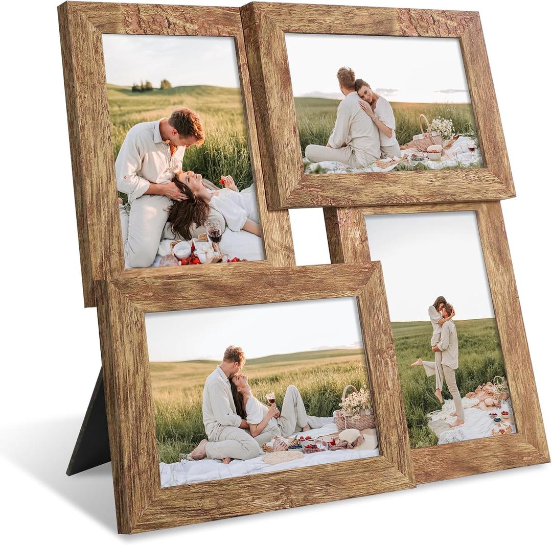 YESKAY 4x6 Collage Picture Frames Set of 1, Multi Family Photo Frame with Real Glass, Displays Four 4x6 Photo, Wall Decor Wall Hanging or Tabletop, Distressed Brown