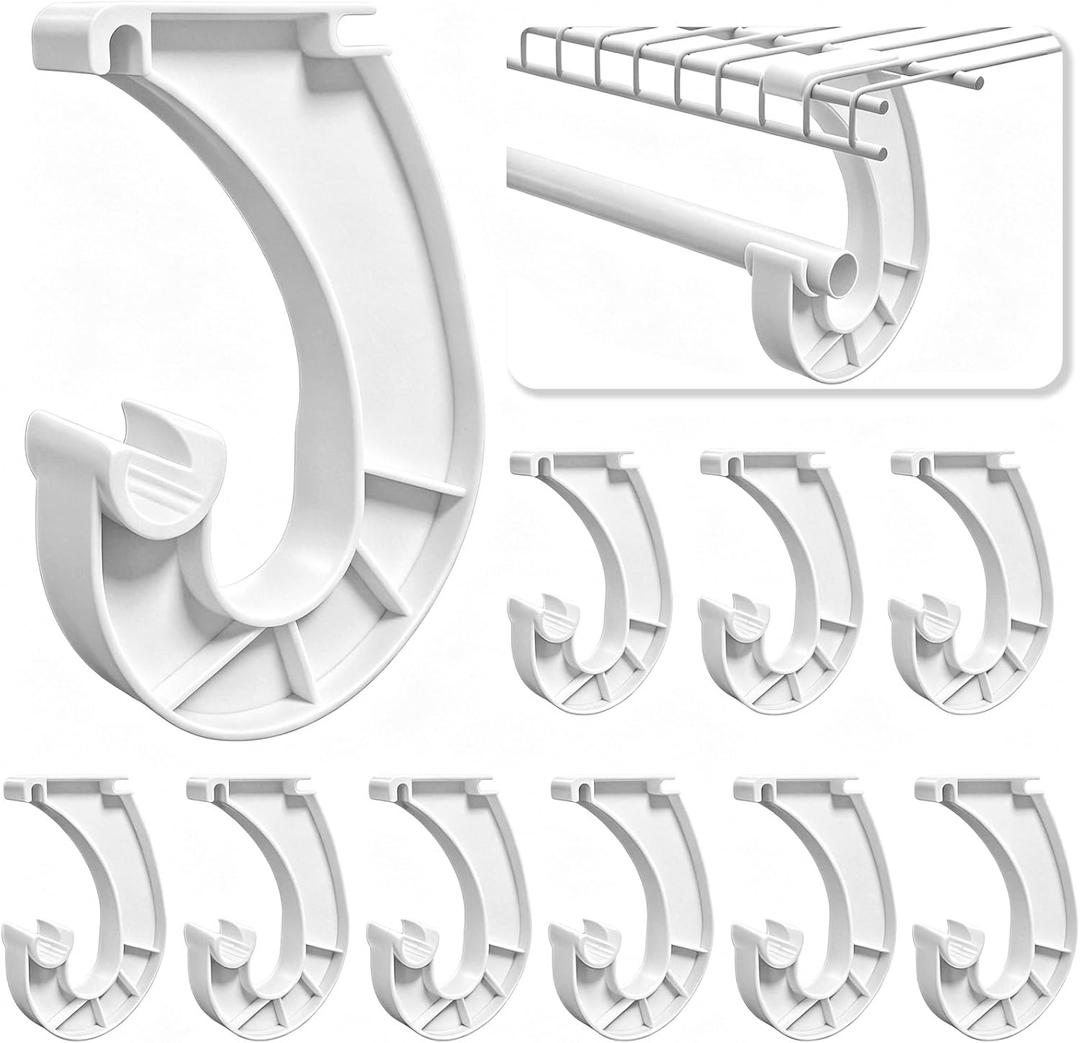 10 Pcs Hanging Closet Rod Support, Plastic Closet Rod Brackets for Hanging Clothes, 3/4 Wardrobe Clothes Rods Bracket, Sturdy J-Shaped Hooks for Cabinets Storage and Curtain, White