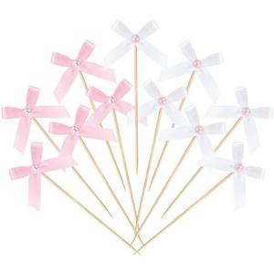 100 Pcs Coquette Bow Pearl Cocktail Picks 4.7" Pink Bow Toothpicks Bowknot Cocktail Appetizer Picks for Fruit Drink Dessert Wedding Party Supplies Bridal Birthday Baby Shower Party Decor(Pink,White)