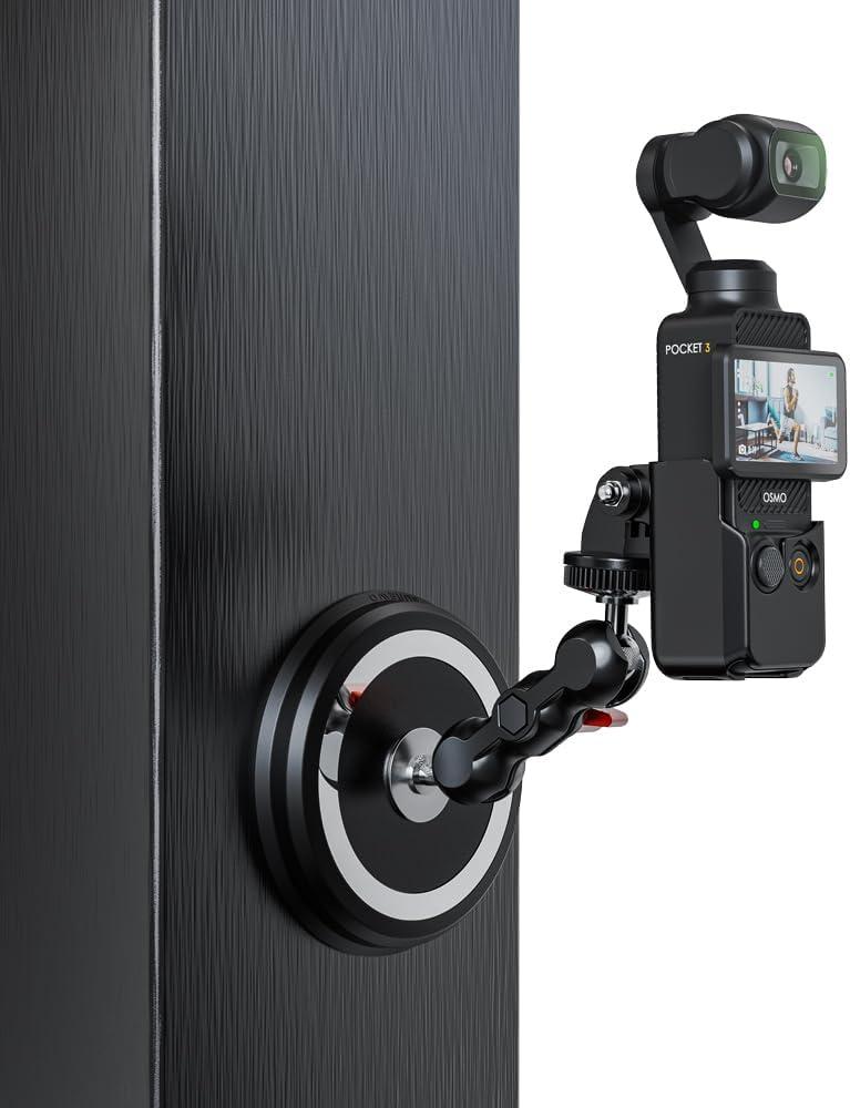 SUREWO Pocket 3 Magnetic Camera Mount,Magnetic Mount Stand with Magic Arm Compatible with DJI Osmo Pocket 3,Insta360, Heavy-Duty Magnet Base Stand with 1/4"-20 Thread for Gym, Car Mounting (Black)