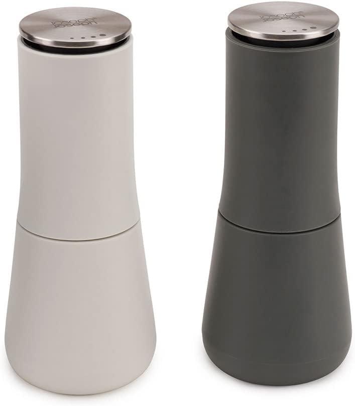 Joseph Joseph Mill top Non-Spill Salt and Pepper Mill 2-piece Set, Refillable with Ceramic Grinder, Adjustable Grinding Size, White/Dark Grey (Gray)
