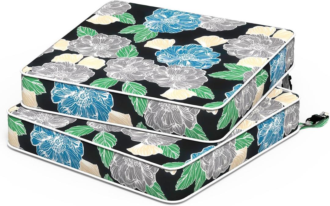 Outdoor Seat Cushions 19 x 19 x 3 Inch, Water Repellent Patio Chair Foam Cushions with Straps, Outdoor Cushions for Patio Furniture Garden Sofa, Set of 2, Peony Garden
