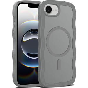 Magnetic for iPhone 16e Case, (Compatible with Magsafe) Curly Wavy Frame Hard Translucent Matte Clear Back Cover for Women Men TPU Bumper Shockproof Phone Case (Gray)