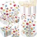 400 Pcs Wild Floral Disposable Paper Plates Napkins Cups Serve 50 Watercolor Floral Tableware Set for Spring Wedding Tea Party Decoration Bridal Shower Baby Shower(Cute Color,Novel Style)