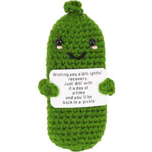 Get Well Soon Pickle, Green Funny Positive Cucumber with Card Woolen Yarn Gifts for Family & Friends After Surgery Knitted Emotional Crochet Doll Healing Gift for Encouragement Support