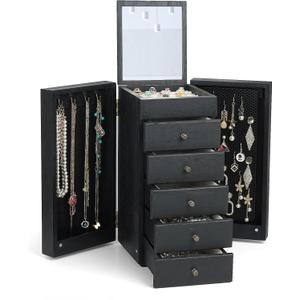 Meangood Jewelry Box Wood for Women, 6-Layer Large Organizer Box with Mirror & 5 Drawers for Rings, Earrings, Necklaces, Vintage Style, Black