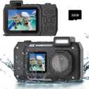 33FT Underwater Camera 4K 30FPS Waterproof Digital Camera with Dual Screens Selfie Built-in 2500 mAh Battery for Snorkeling,Novice Photographer,Black