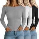 Riyiper 3 Pack Women's Long Sleeve Shirts Ribbed Cotton Boat Neck Tops Lettuce Trim Underscrub Slim Fit Casual Basic Tees S