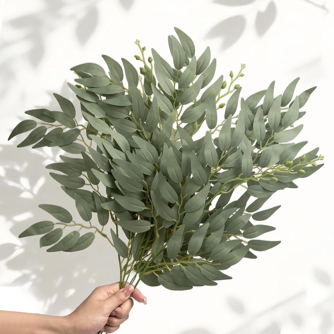 12pcs Artificial Italian Ruscus Greenery Stems 21" Faux Greenery Picks Silk Willow Leaves Stems Hanging Spray for Wedding Arch Bridal Bouquet Table Centerpieces Crafts Vase Filler Home Decor