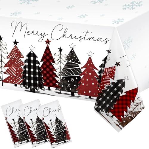 WovWeave 3 Pack Christmas Table Cloth Disposable Christmas Tree Tablecloth Buffalo Plaid Xmas Snowflake Plastic Table Cover Xmas Table Cloth for Xmas Holiday Party Picnic Dinner Decor,54x108inch