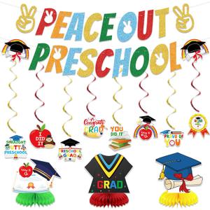 Preschool Graduation Decorations Peace Out Preschool Banner Hanging Swirls Decor Class of 2025 Kindergarten Pre K Graduation Party Supplies for 1st Grade Classroom Decorations