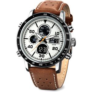 PINDOWS Watch for Men, Waterproof Big Dial Analog Digital Sport Multifunction LED Backlight Fashion Wristwatches, Alarm Stopwatch Calendar, Brown White