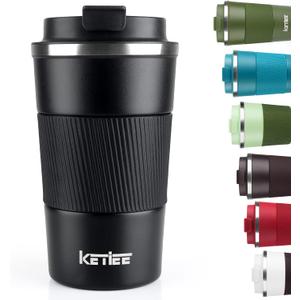 KETIEE Travel Mug 12oz, Vacuum Insulated Coffee Mug with Leakproof Lid, Travel Coffee Tumbler Stainless Steel Double Walled Reusable Coffee Cup for Hot and Iced Water (Black)