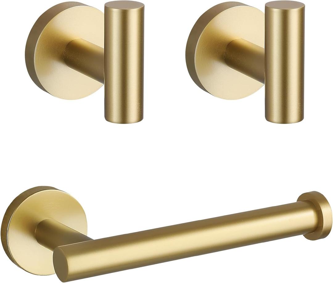 TURS Toilet Paper Holder 2 Towel Hooks Brushed Gold SUS304 Stainless Steel 3-Pieces Bathroom Accessories Kit Wall Mounted