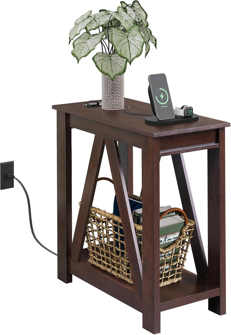 WLIVE Narrow End Table with Charging Station of Open Storage ShelfSofa Side Table with 2 USB Ports and 2 Power OutletsSlim Farmhouse End Table for Small SpacesBedroom, Living Room, Espresso