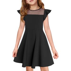 Haloumoning Girls Dress Summer Ruffle Sleeve Mesh A Line Casual Party Dresses with Pockets for Kids 4-14 Years