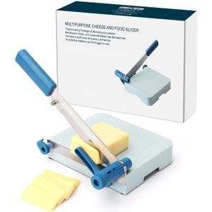 KITCHENDAO Multipurpose Cheese Slicer Cutter with Board for Arthritic and Weak Hands, Adjustable Thickness Dial for Block Cheese, Effortless Slicing, Guillotine Sausage Ham Biltong Jerky Slicer (Blue)