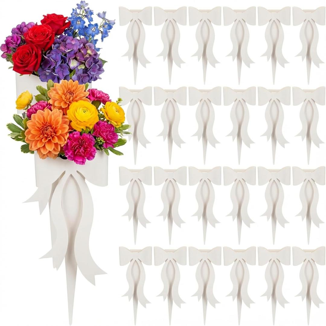 Lerheedi 24 Pcs Flower Bouquet Holder Mother's Day Single Rose Bow Theme Bags DIY Flower Wrapping Paper for Wedding Valentine Graduation Birthday Floral Arrangement(White)