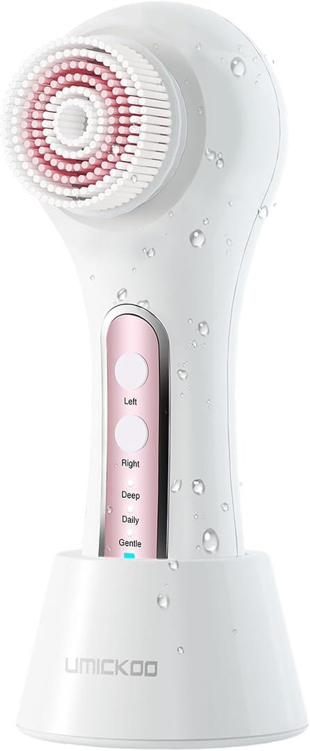 Electric Facial Cleansing Brush, 2-Way Rotating Face Scrubber for Daily & Deep Cleaning, 3 Modes, 5 Brush Heads, Rechargeable, IPX7 Waterproof for All Skin Types (White+pink)