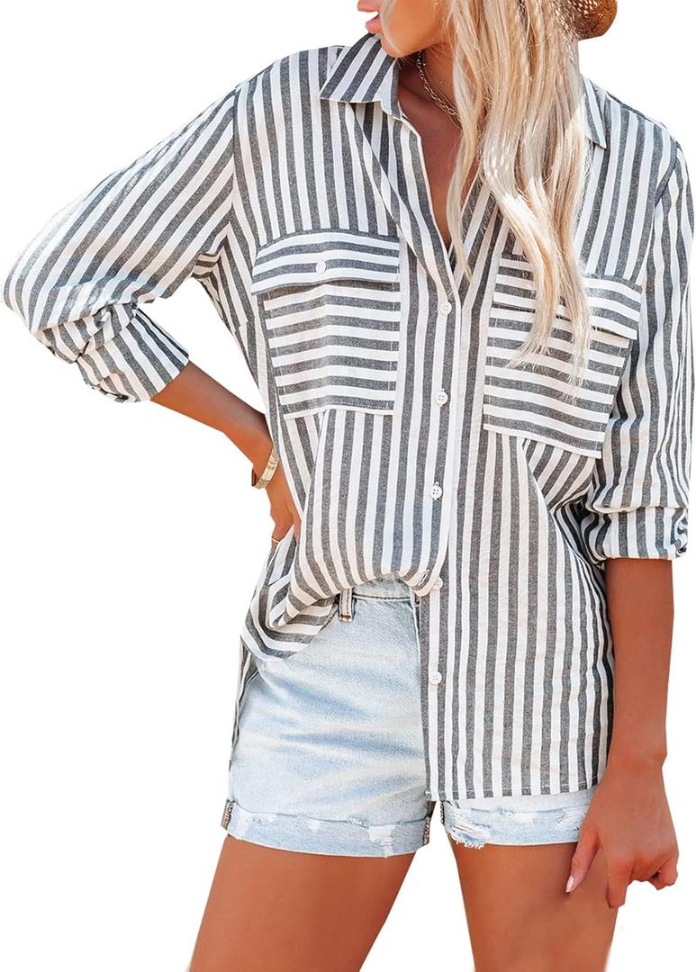 OMSJ Women's Striped Button Down Shirts Casual Long Sleeve Stylish V Neck Blouses Tops with Pockets (Large, Black)